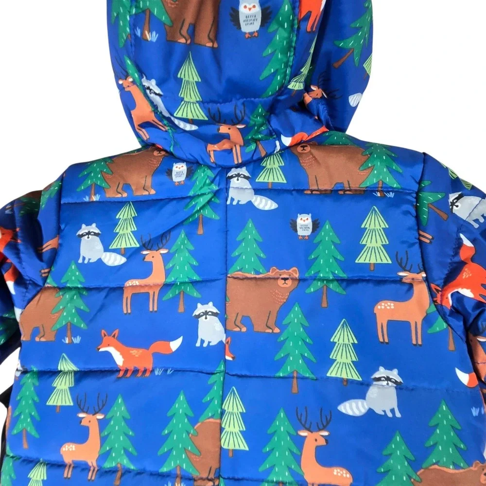 The Childrens Place Puffer Snowsuit Baby 6-9M Blue Woodland Animals NWT